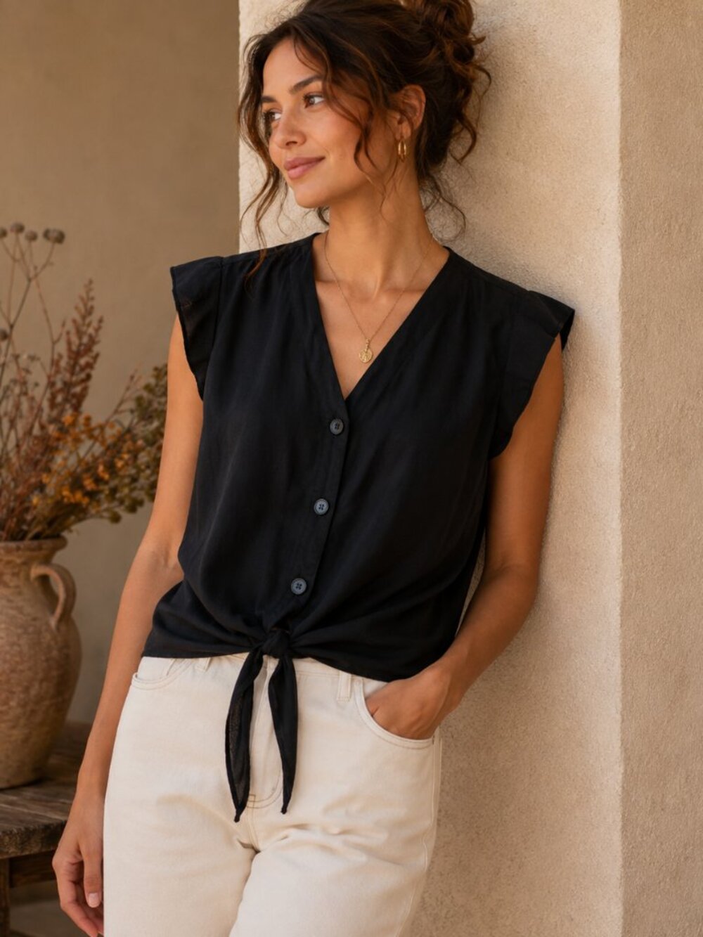 Velvet Heart Top Womens M Black Tencel Tie Front Button Blouse Ruffle Sleeve